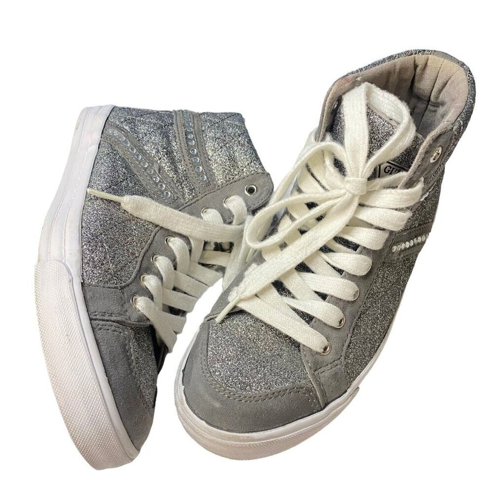 GUESS Women Sneakers Size 7M Silver Glitter Rhinestones High Top Lace Up S-1 - Picture 6 of 9